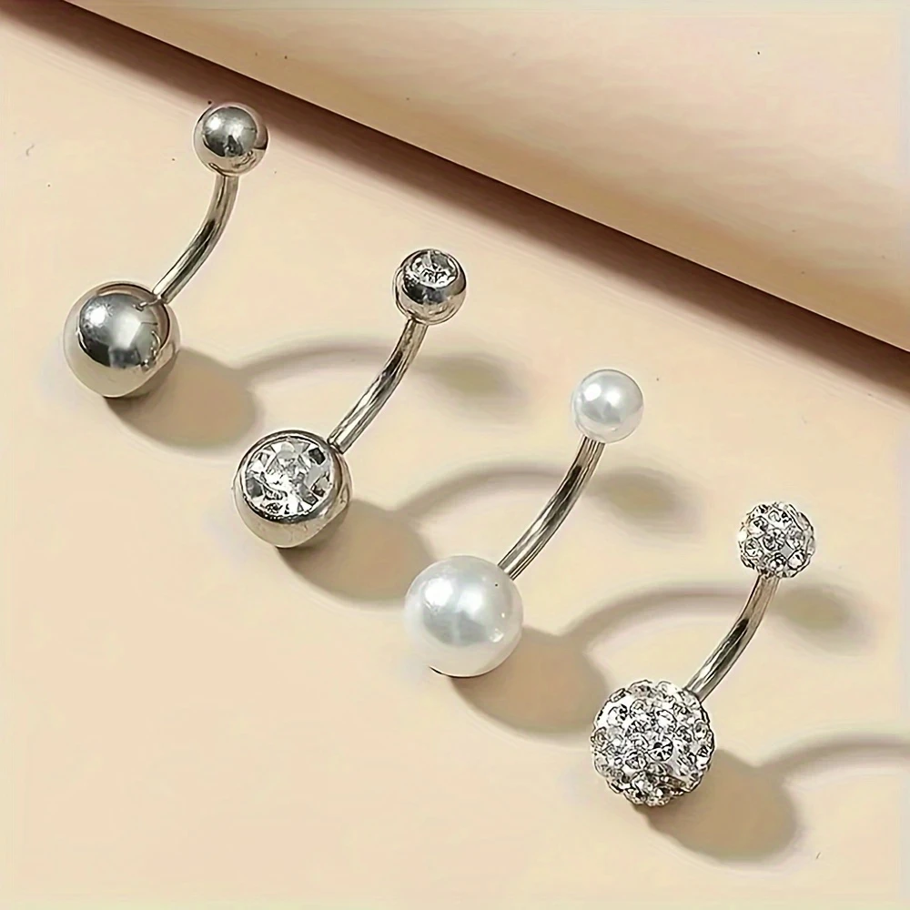 4pcs Stainless Steel Cubic Zirconia Pearl Belly Button Rings Set Elegant Sexy Navel Piercing Jewelry for Women Daily Party Wear