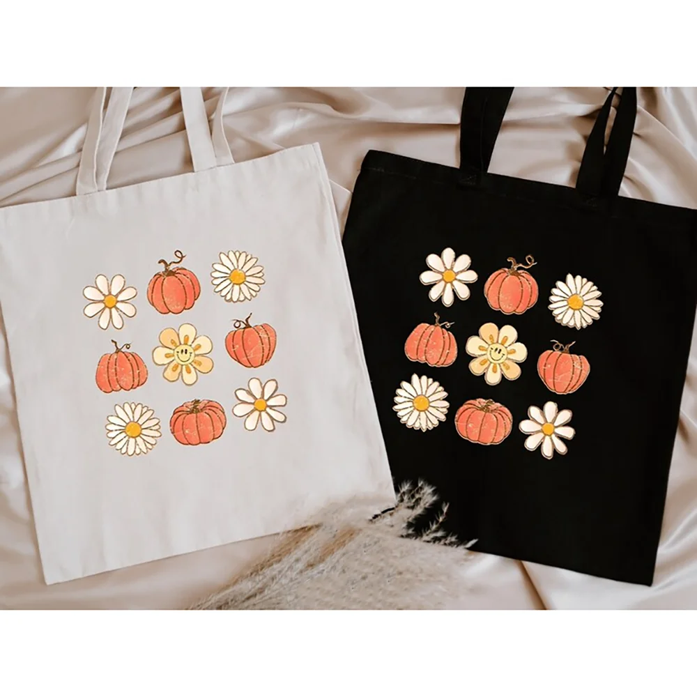 

1Pcs Halloween Pumpkin and Flowers Tote Bag Fall Holiday Gift for Friend Colleague Family Reusable Grocery Bag Trick or Treat