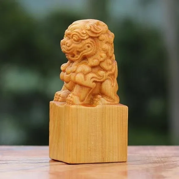 Cypress Wood Carved Lion Seal Hand Play Wooden Craft Official Seal Wenwan Collectible Desktop Decor Ornament