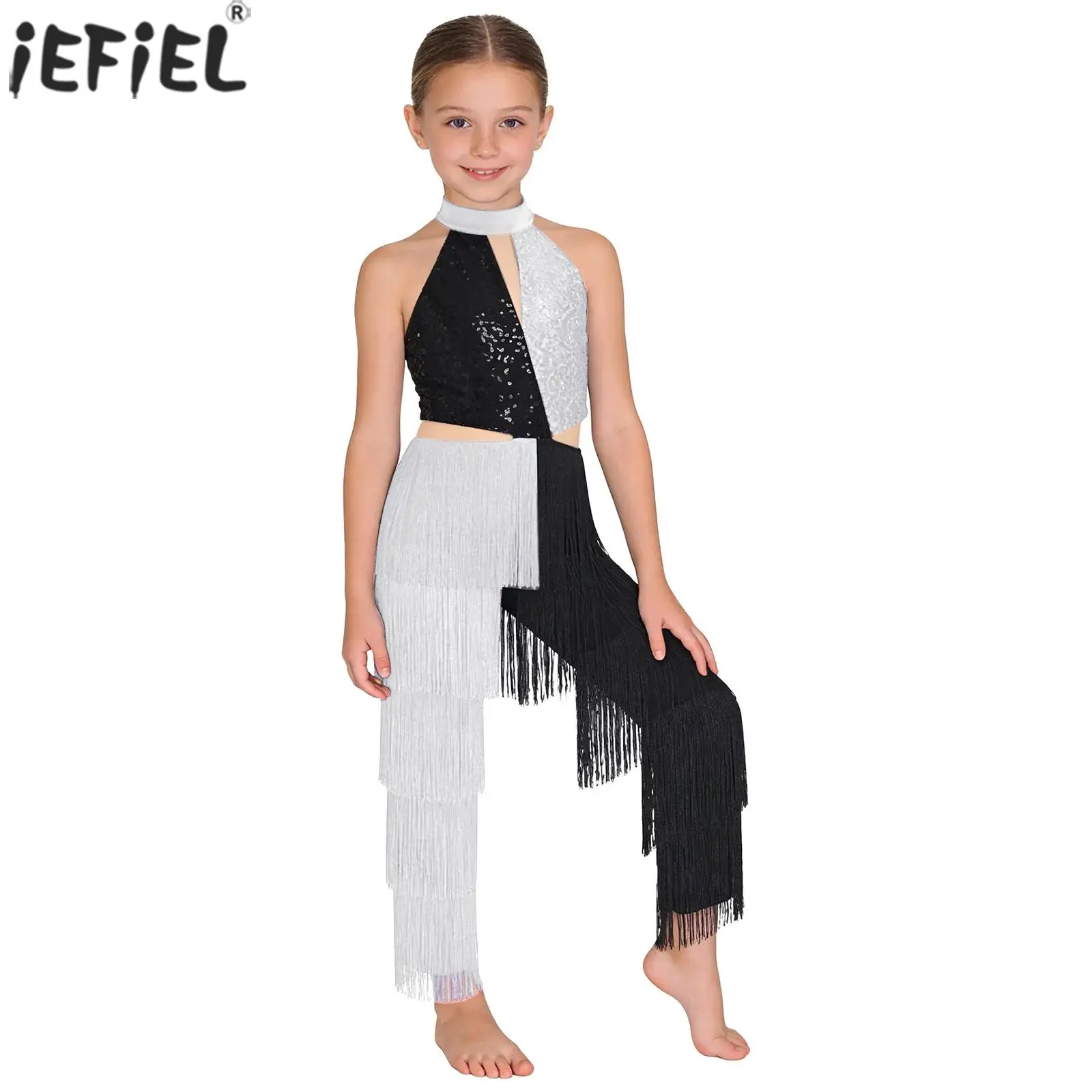 Kids Girls Disco Latin Jazz Dance Jumpsuit Halter Sleeveless Shiny Sequin Tassel Bodysuit Ballroom Cha-cha Tango Samba Dancewear