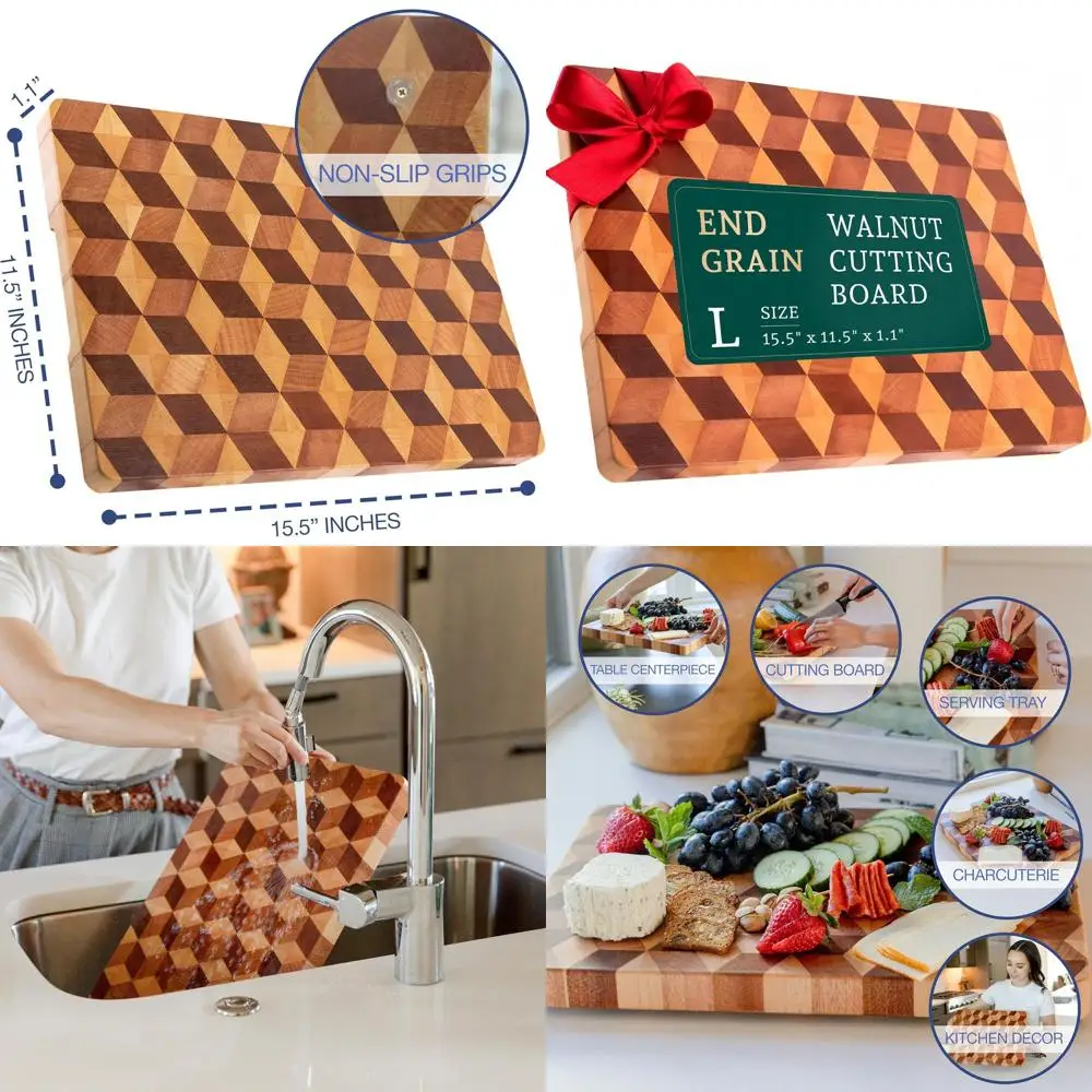 

Large Walnut End Grain Chopping Board, 15.5x11.5, 1.1 Thick, Non-Slip, Ideal for Kitchen & Charcuterie