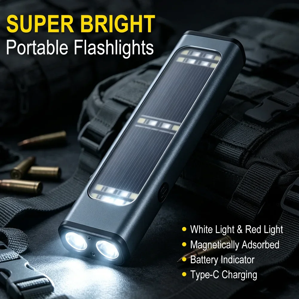 BORUiT 1000LM Portable Flashlight USB Solar Rechargeable Aluminum Alloy Torch with Magnetic Clip Work Light for Outdoor Camping