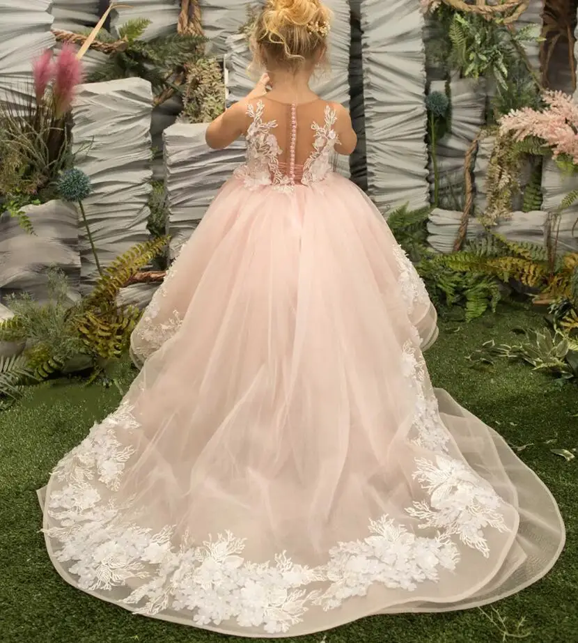 

Puffy Flower Girl Dresses Sheer O Neck Princess Dress Tulle Applique Lace First Communion Dress Cute Kids Dress