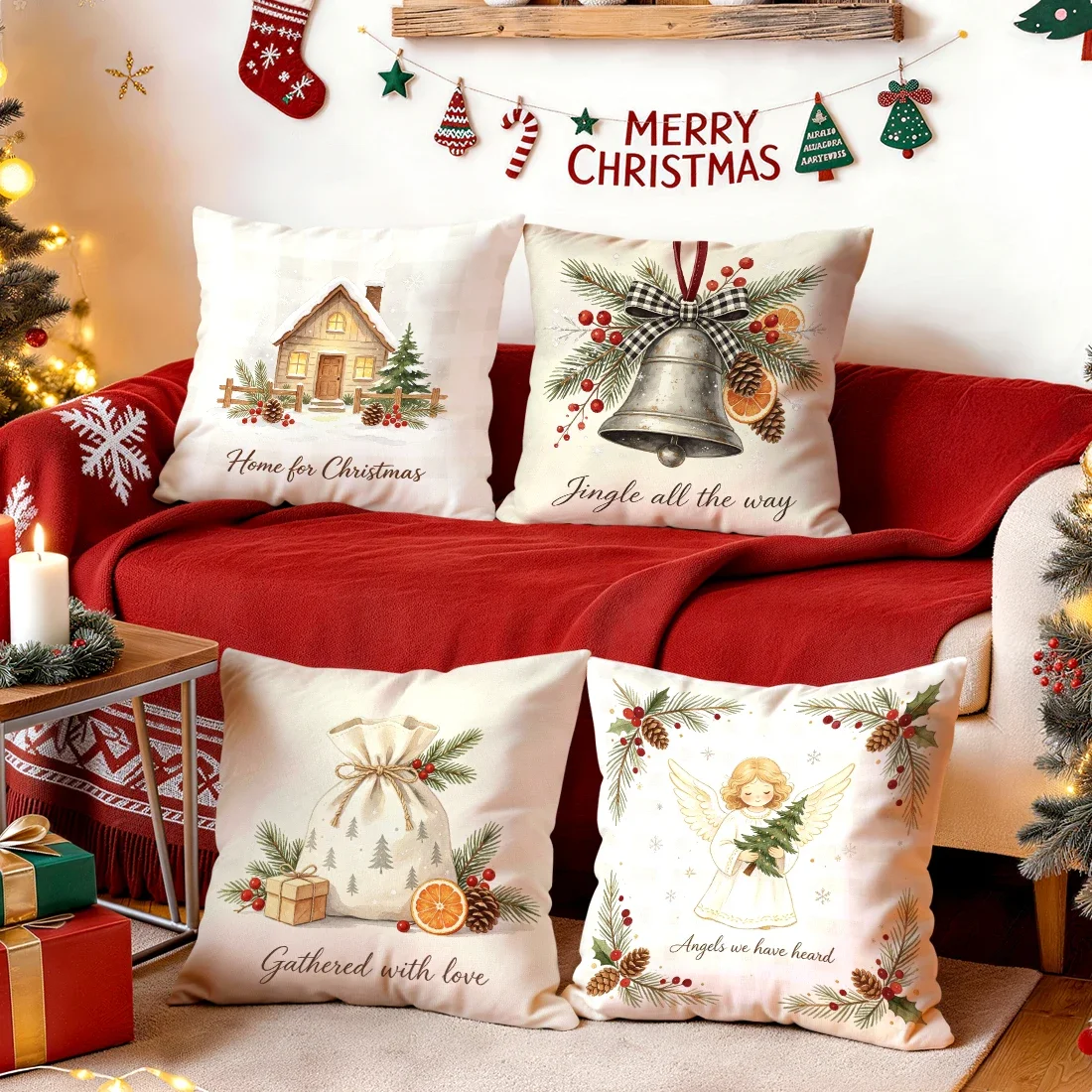 1/4pcs House Angel Bell Pattern Cushions Pillowcase Polyester Cushion Cover Throw Pillow Pillowcover Home Car Sofa Decor
