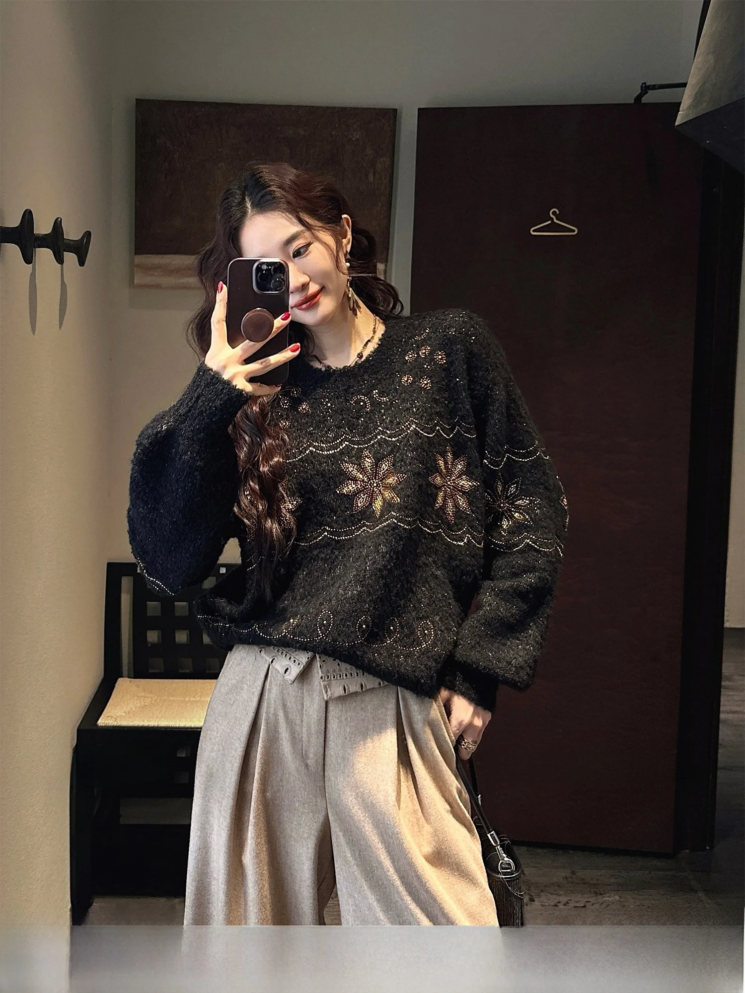 

Sanji Bla Flower Feijin New Chinese Sle Fair Isle Knitwear Winter Women's Outerwear Trendy Long Sve Warm Boring Proof