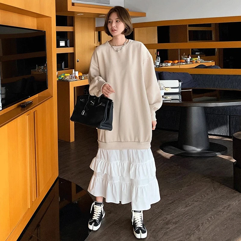 Chique outono estilo preguiçoso em torno do pescoço bloco de cores dupla camada renda bainha manga crida vestido mole m...