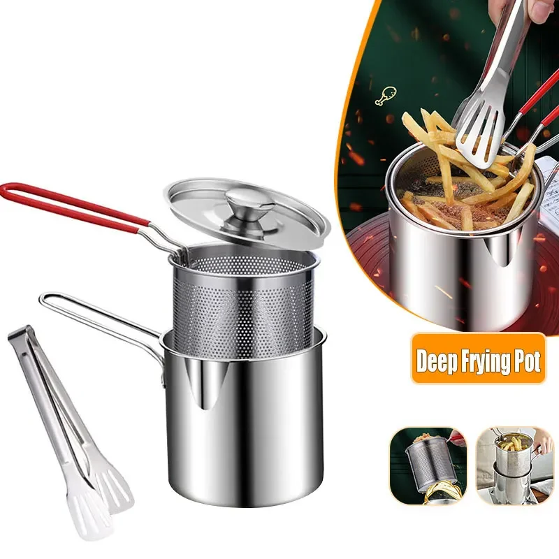 Stainless Steel Deep Fryer Pot Japanese Tempura Small Deep Frying Pan With Strainer Basket for French Fries Chicken Kitchen Pans