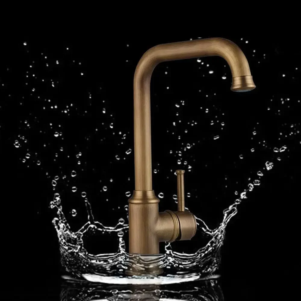 Vintage Bronze Kitchen Faucet, Single Hole Installation Brass Single Pole Kitchen Faucet Ceramic Tube Rotating Spout