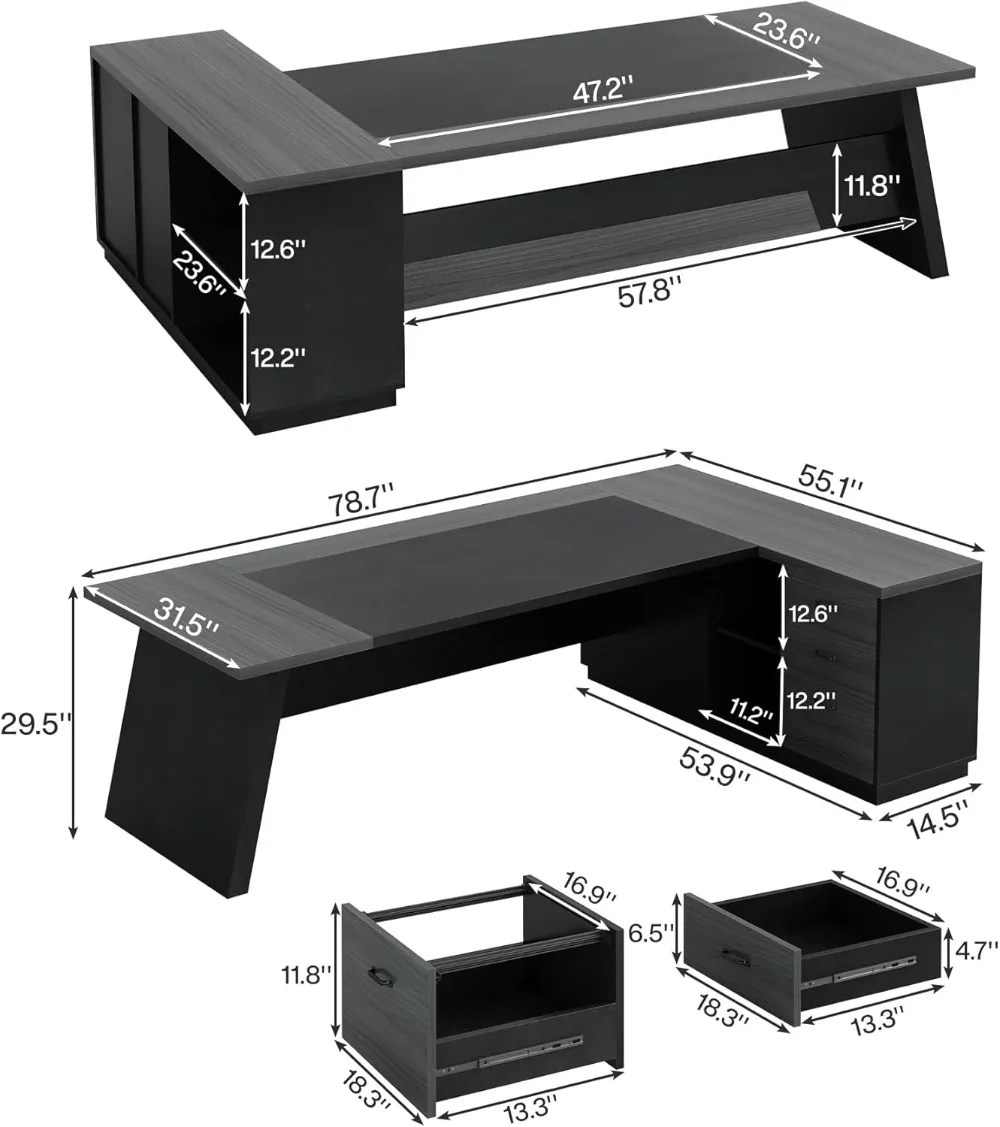 Mesa executiva em forma de L de 78", grande mesa de escritório com gavetas e armário de arquivo lateral, móveis de negócios com prateleiras de armazenamento