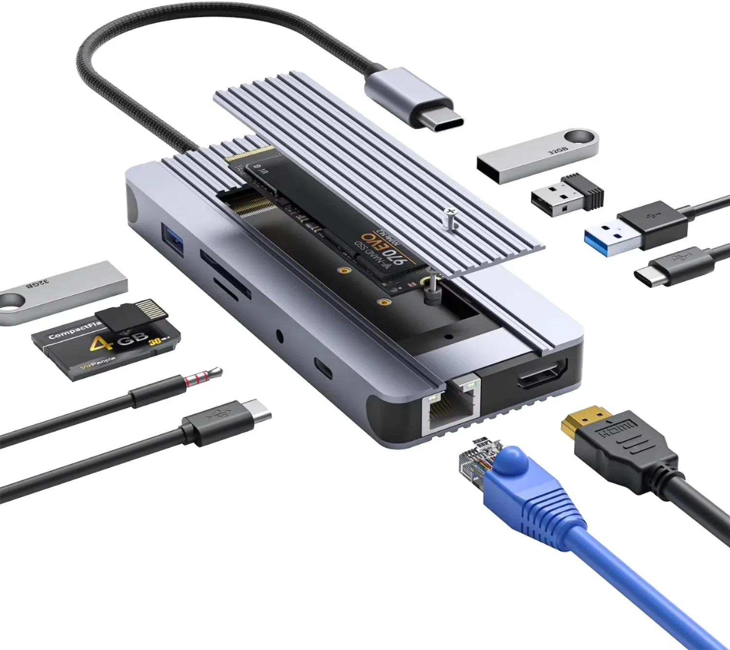 12-in-1 USB C Hub Docking Station M.2 NVME SSD Enclosure Card Reader RJ45 Ethernet HDMI-Compatible Adapter 3.5mm Audio
