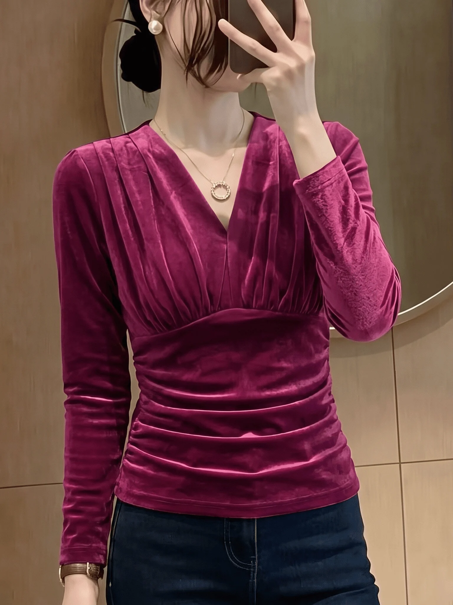 Velvet Long Sleeve T-Shirt Women's Slim Fit Design Base Shirt Top Casual Style Universal Size Loose Fit Pure Color Autumn 2026
