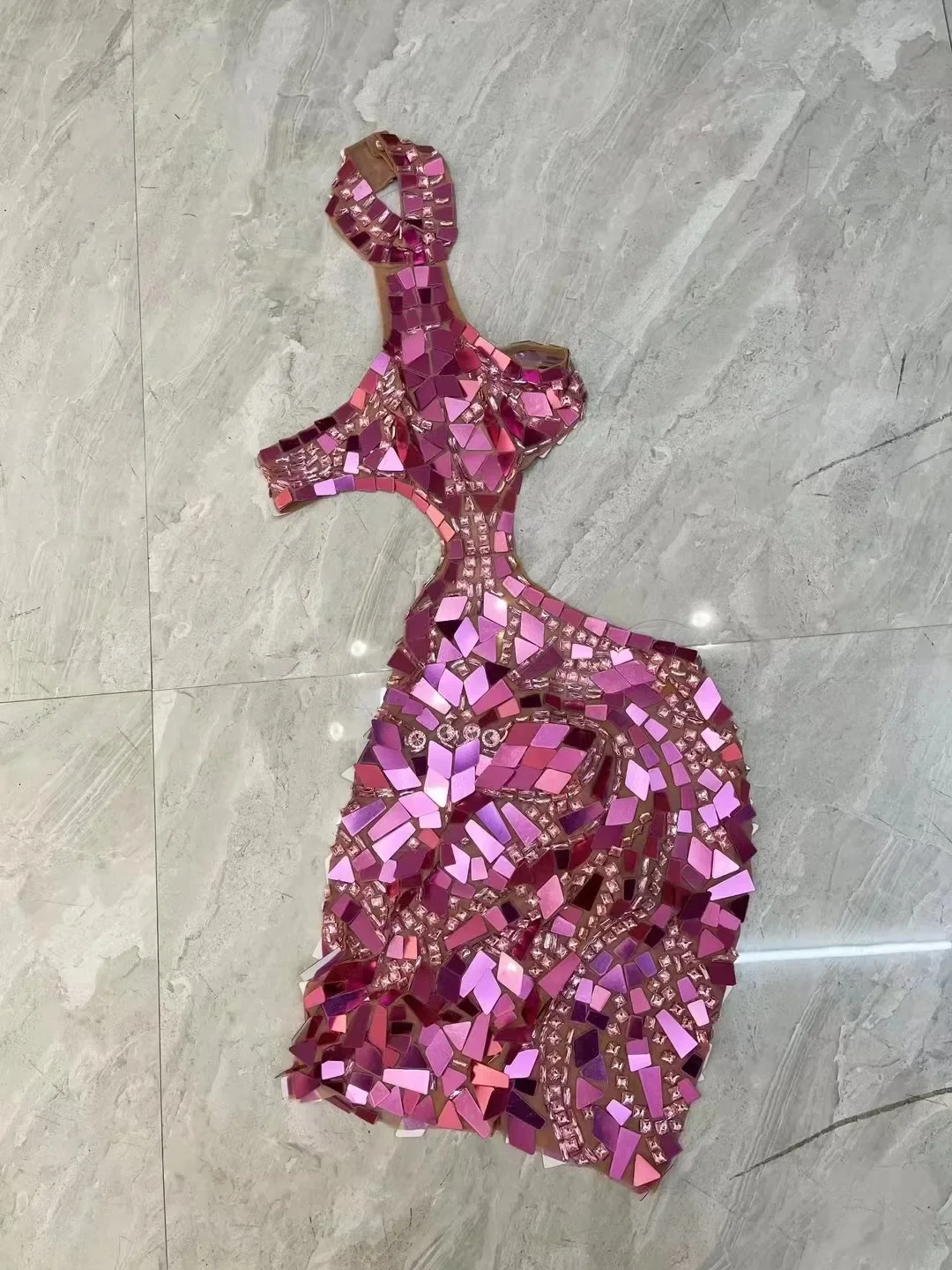 

Women Birthday Party Celebrate Costume Pink Rhinestones Mirrors Dress Dance outfit Sleeveless Stage Party Photoshoot Dress