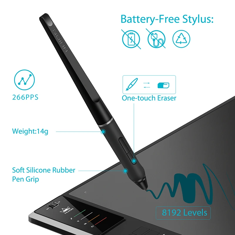 HUION Giano WH1409 V2 Wireless graphic pen tablet with Tilt Function Battery-free Stylus