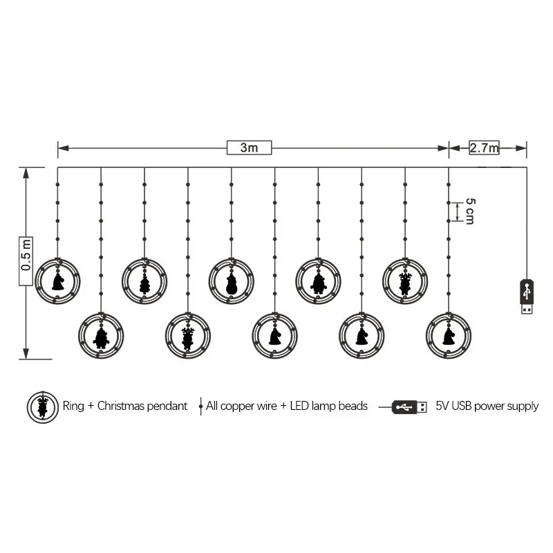 2023 Novo USB Elk Snowman Cortina String Lights 3M Árvore de Natal Garland Fadas Luzes para Casa Festa de Casamento Ano Novo Decoração