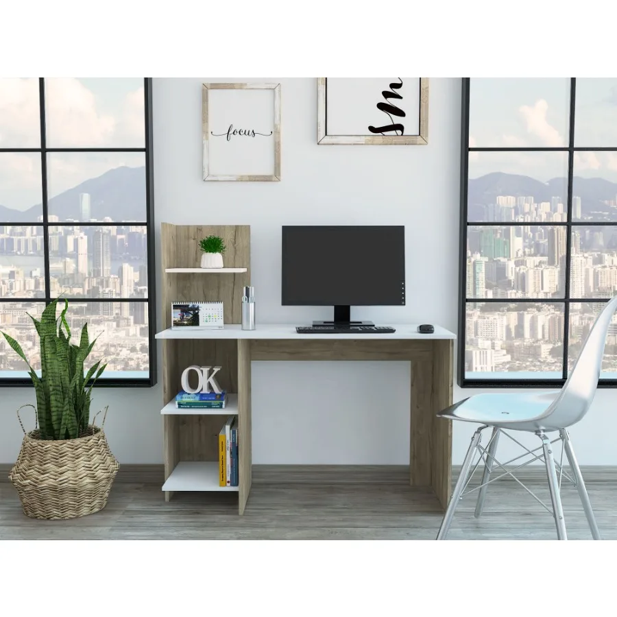 

White and Pine 4Shelf Writing Desk