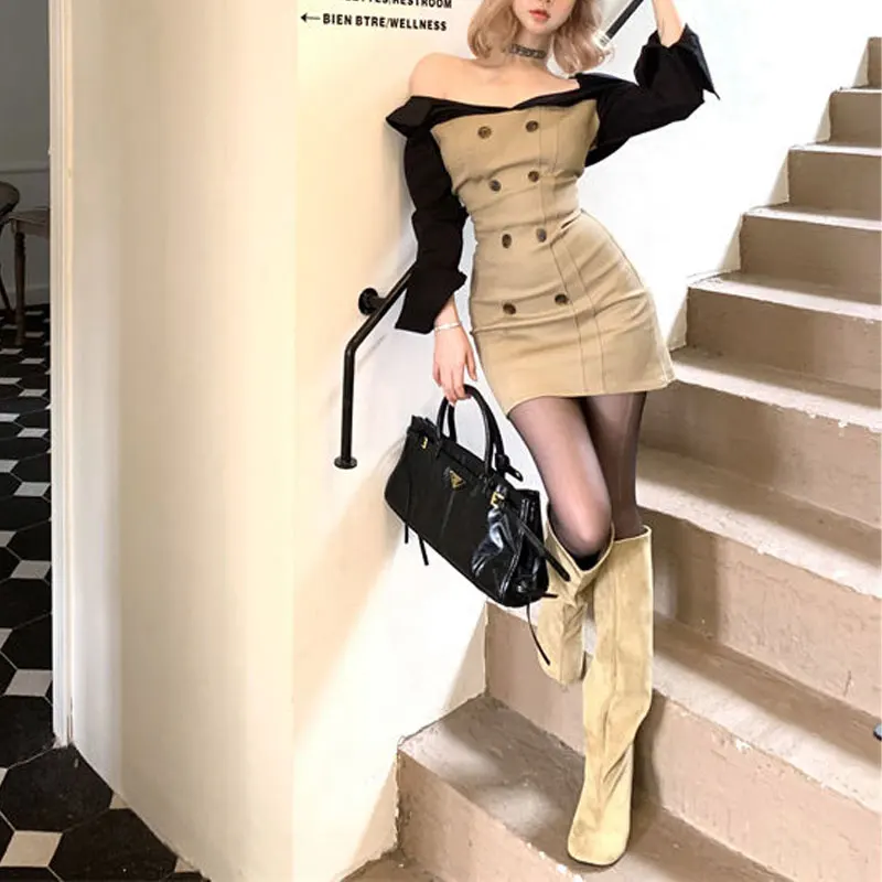 Vintage Hotsweet Off Shoulder Mini Dress Spring Autumn Fake Two Pieces Women's Clothing Fashion Patchwork Aura Bag Hip Dresses - Image 6