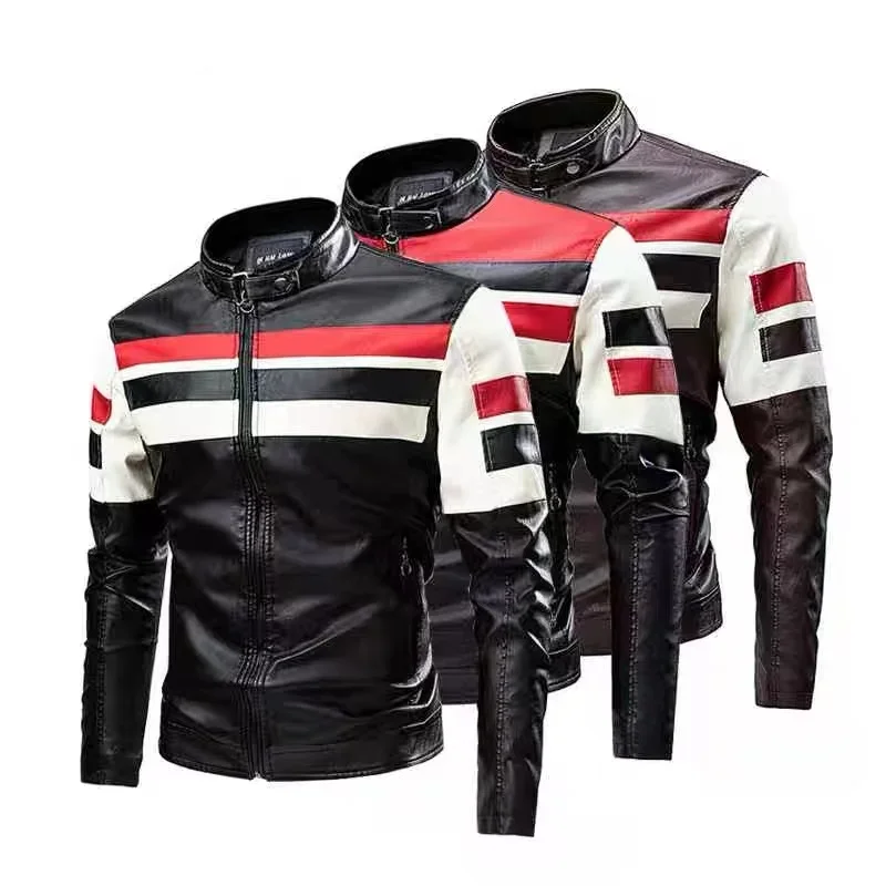 Motorcycle Equipment, Leather Jacket, Color-blocking Stand-up Collar, PU Leather Motorcycle Jacket, Casual Leather Jacket