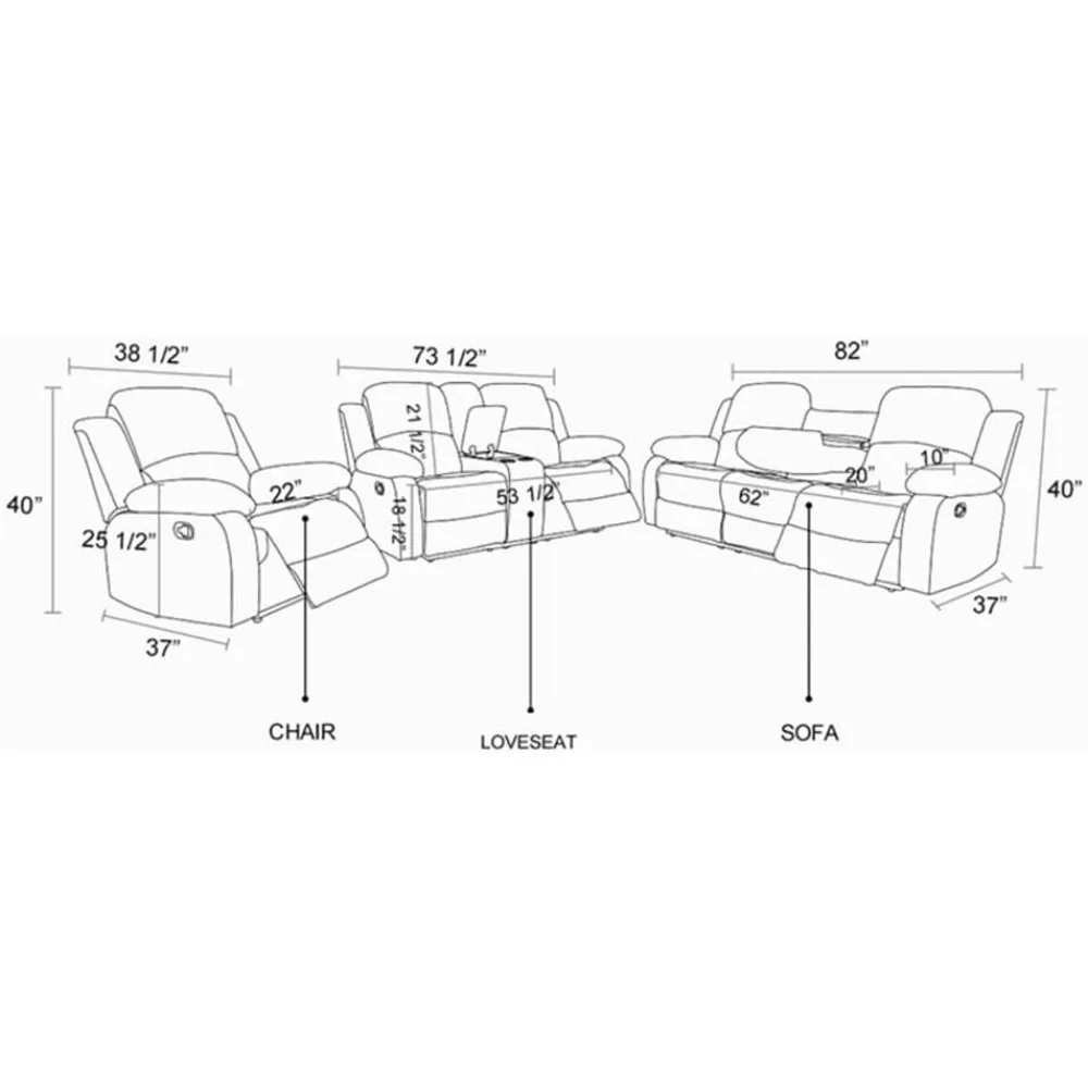 Fabric Recliner Sofa Set Grey Loveseat Couch Chair Set Living Room Furniture Sets 3PCS Manual Reclining Sofa Set with Cup Holder