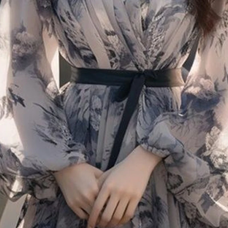 Summer V-neck Fashion Lantern Sleeve Maxi Dress Women French Style Dresses High Street Printing Lacing Bow Patchwork Vestidos