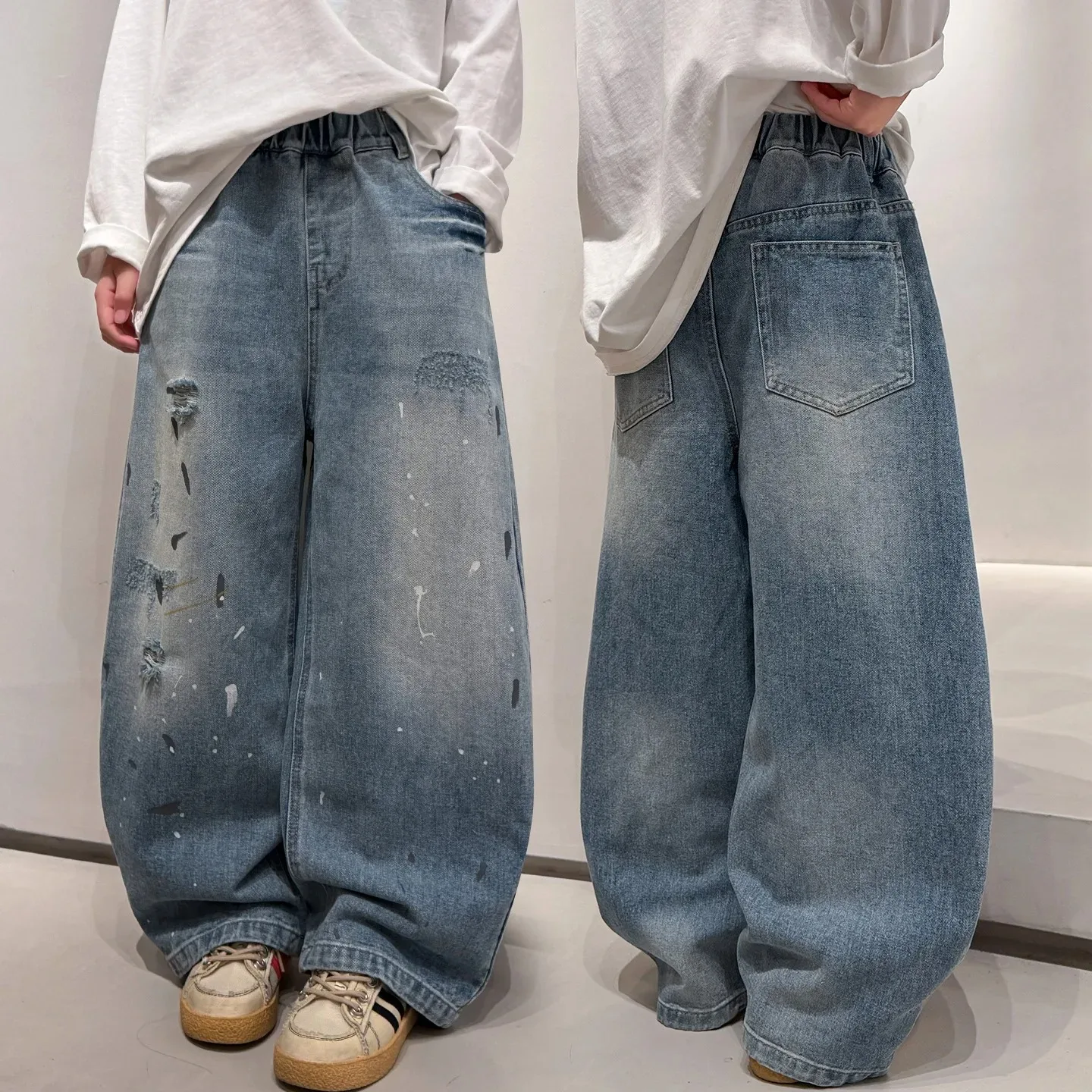 Frühling Herbst Neue Trendige Jeans mit Farbspritzern für Jungen Kinder Gerade Geschnittene Loose-Fit Denim-Hosen Modische Weite Hosen für Kinder