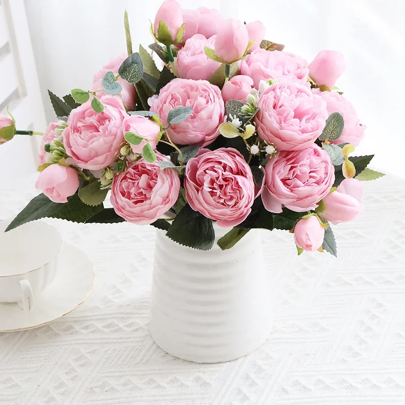 Flores artificiales de seda blanca para decoración del hogar, ramo grande de alta calidad, arreglo de flores falsas de lujo, a granel, para boda y