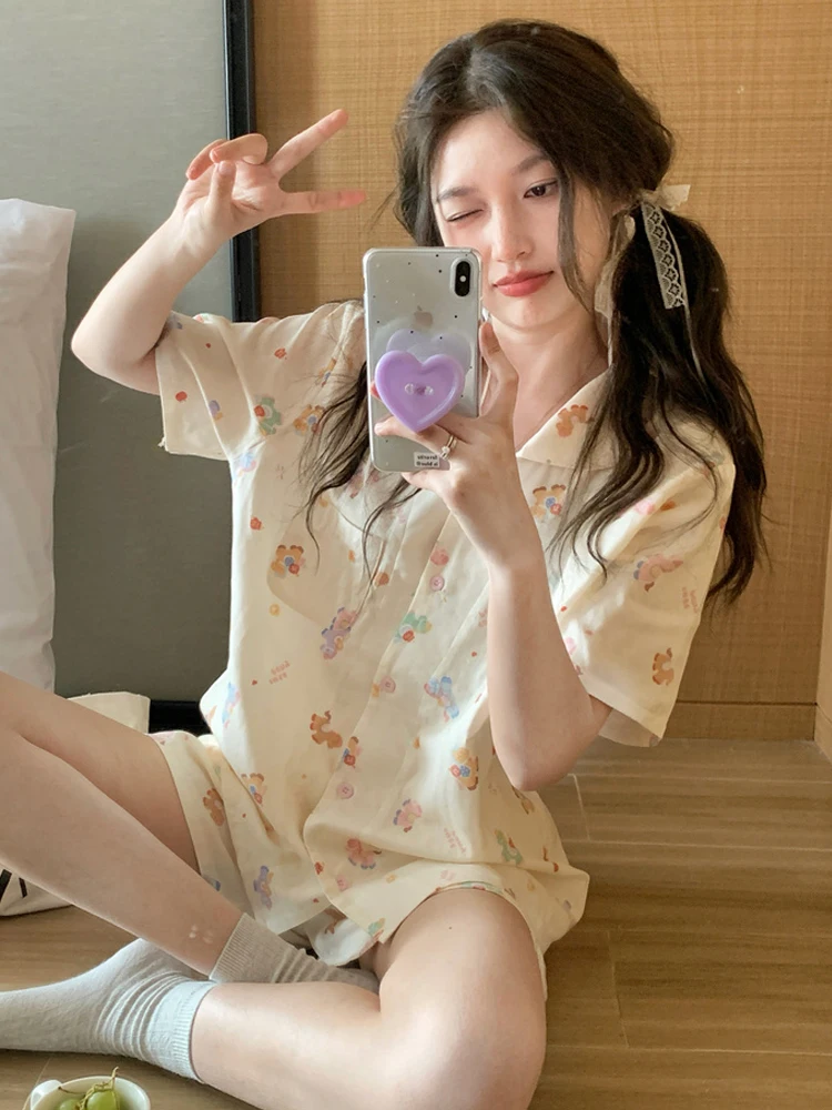 純綿夏用寝間着女性用半袖ショートパンツホーム服セットかわいい漫画デザイン二重層ガーゼ屋外に適しています