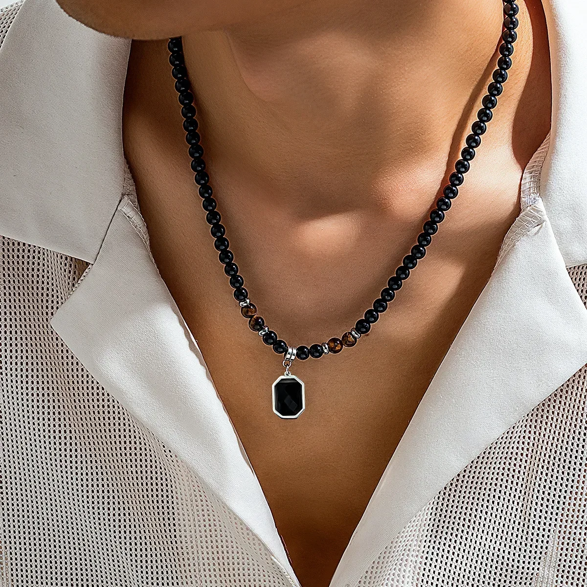 Black Beads with Square Pendant Necklace for Men Trendy Accessories on the Neck Collar 2024 Fashion Jewelry Male Gift Decoration