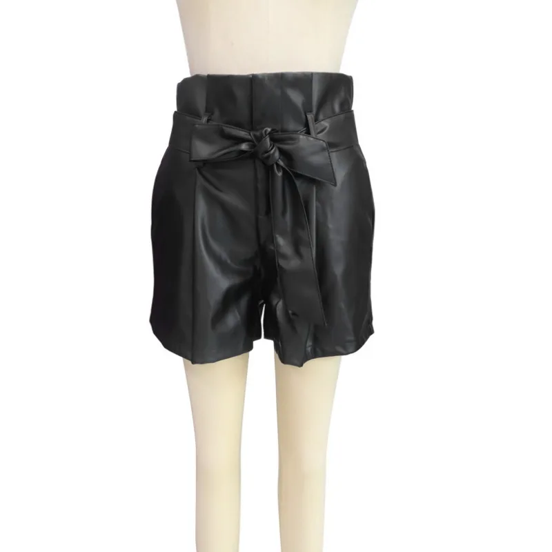 S-XL Women Leather Shorts with Belt Bottoms Casual PU Leather Black Female New Fashion High Waist Soild Loose Drawstring Shorts