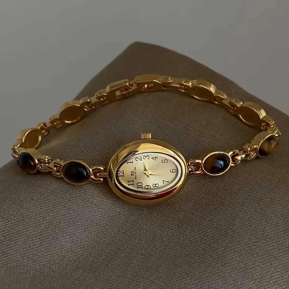 

Luxury Gold Oval Bracelet Watch for Women Elegant Natural jade stone Quartz Wristwatch Minimalist Dress Watch Gift for Ladies