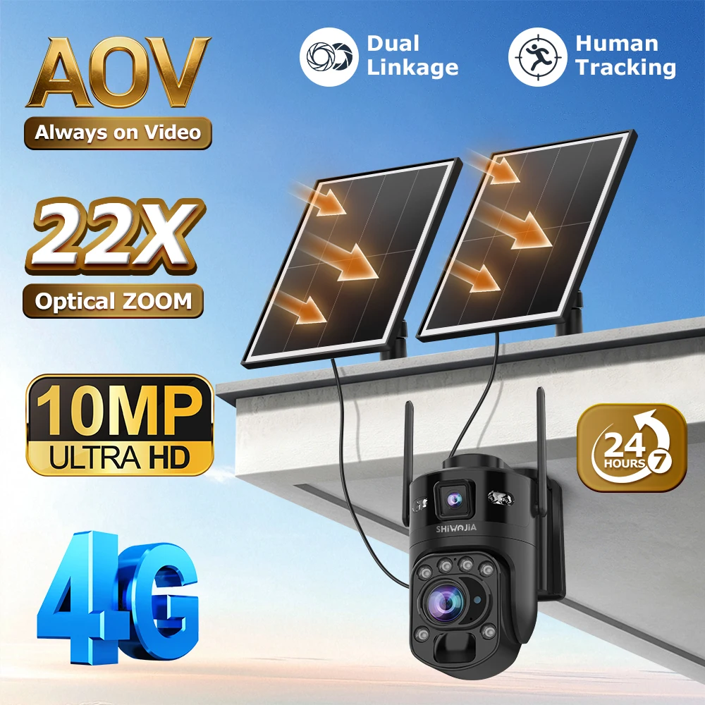 

SHIWOJIA 8K 15MP 4G Solar Camera 22X Zoom Len Recording Humanoid Tracking Outdoor WIFI Camera Metal Waterproof CCTV 10050mAh