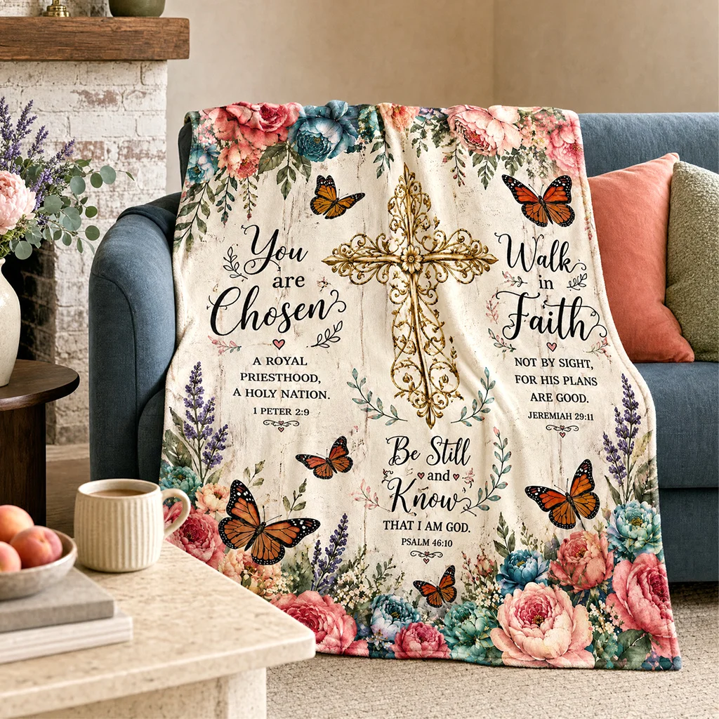 Christian Cross Flannel Throw Blanket Floral Butterfly Faith Scripture Design Sofa Bed Couch Bedroom Living Room Religious Home Decor Church Gift Office Travel Nap Blanket Spiritual Bedding Prayer Gift Faith Room Accent Christian Keepsake Bible Gift
