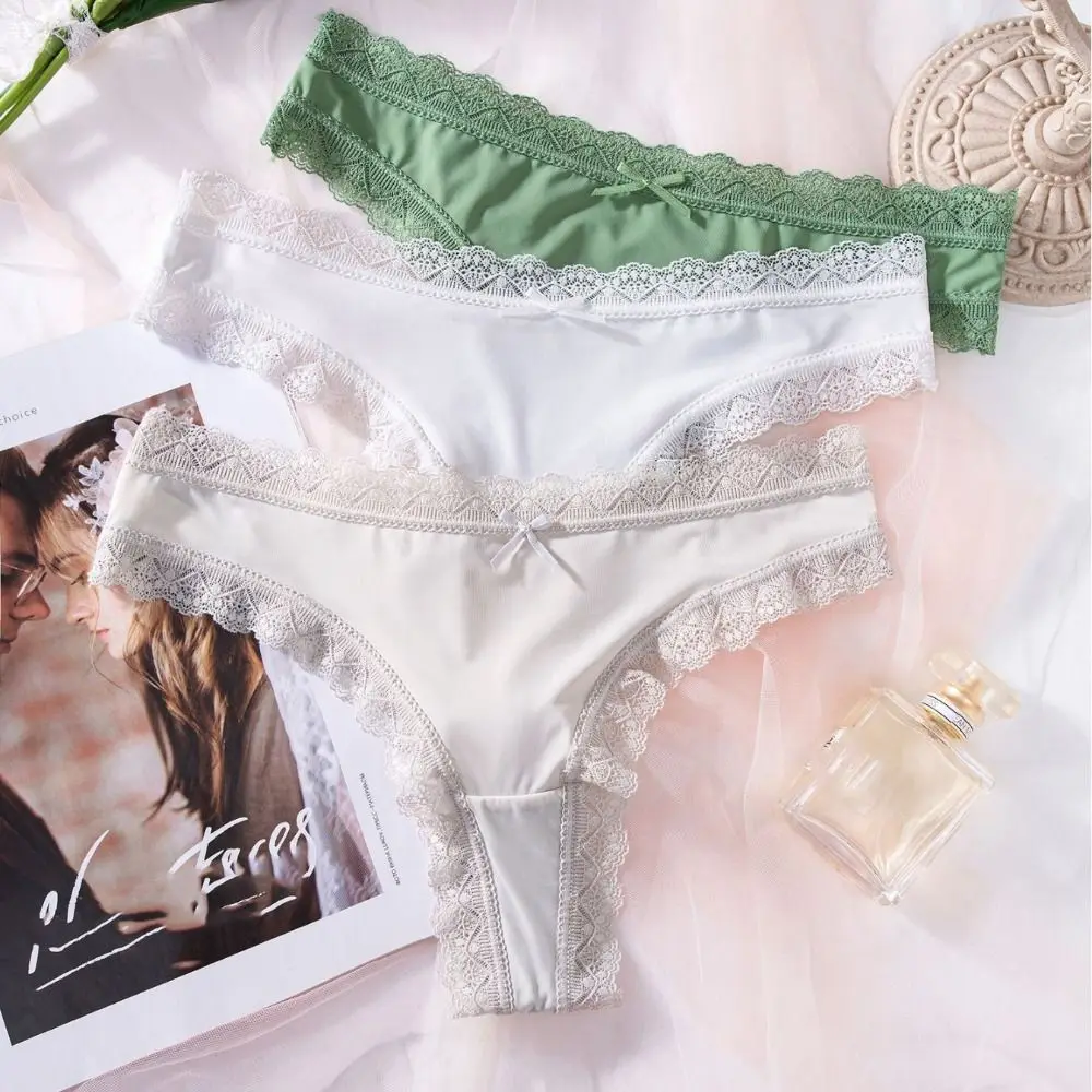 Seamless Ice Silk Panties Cotton Crotch Low Waist Lace Bow Briefs Female Lingerie Underwear Women's Summer Panties Lady