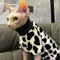 Cat Clothing in Winter Cow Color Warm Fleece High-Neck Sweatshirt for Sphynx Cat Devon Rex 4 leg Coat Kittens Soft Loungewear