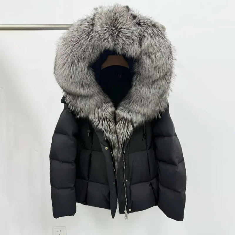 2025年冬 レディース フォックスファー襟 厚手 暖かい グースダウンコート Y2K 高品質 ファッション ハイストリート アウトドア フード付き パファージャケット