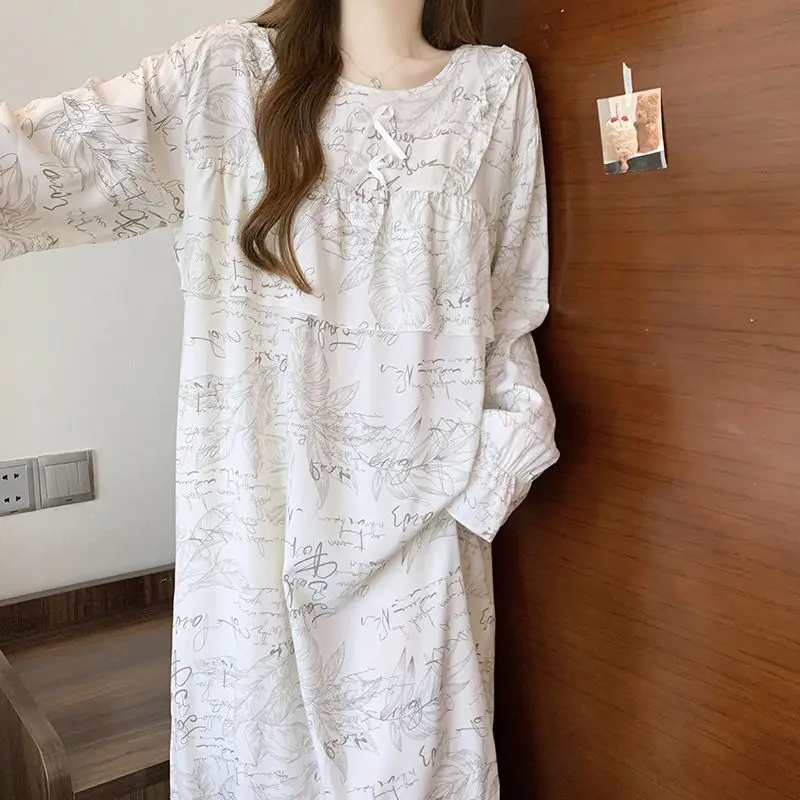 

Long-sleeved Nightgown Spring Autumn Dress Nightgown Women's Print Home Wear Night Woman Cute Clothes Hot Shirts New Pajamas