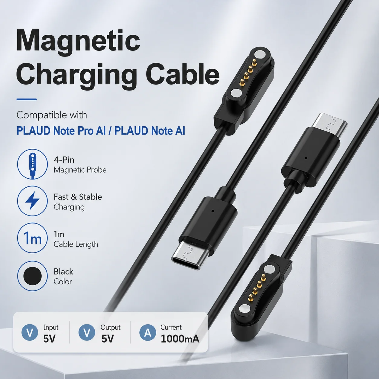 Replacement Charging Cord for PLAUD Note Pro AI / PLAUD Note AI Voice Recorder Type-C Data Sync Cable Magnetic Charger Cable 1M