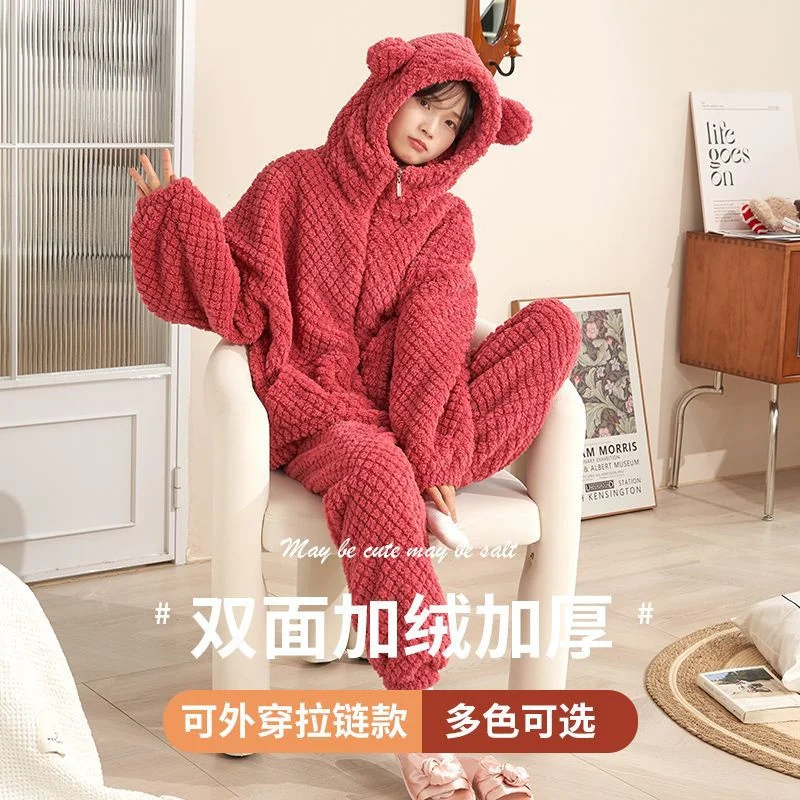 Autumn Winter Women\'s Sleepwear Flannel Pajamas Set Thick Fleece Nightwear Sets Warm Home Suits Hoodie Plus Pants