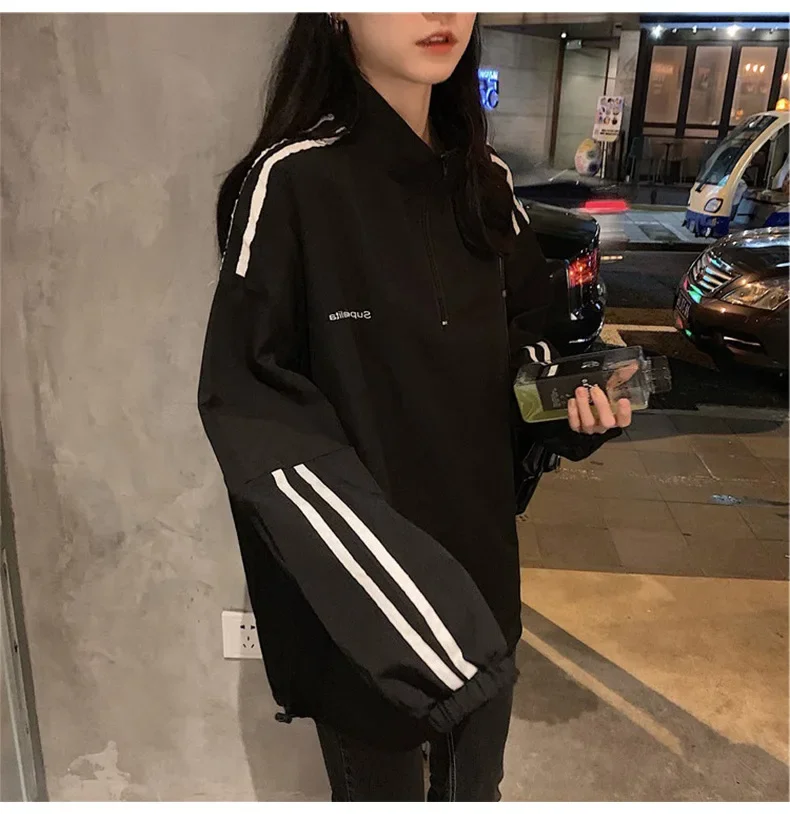 Korean Fashion Striped Cotton Sweatshirt Women Loose Preppy Sporty Hoodie Y2k Streetwear Tender Cozy Outwear Harajuku All-match