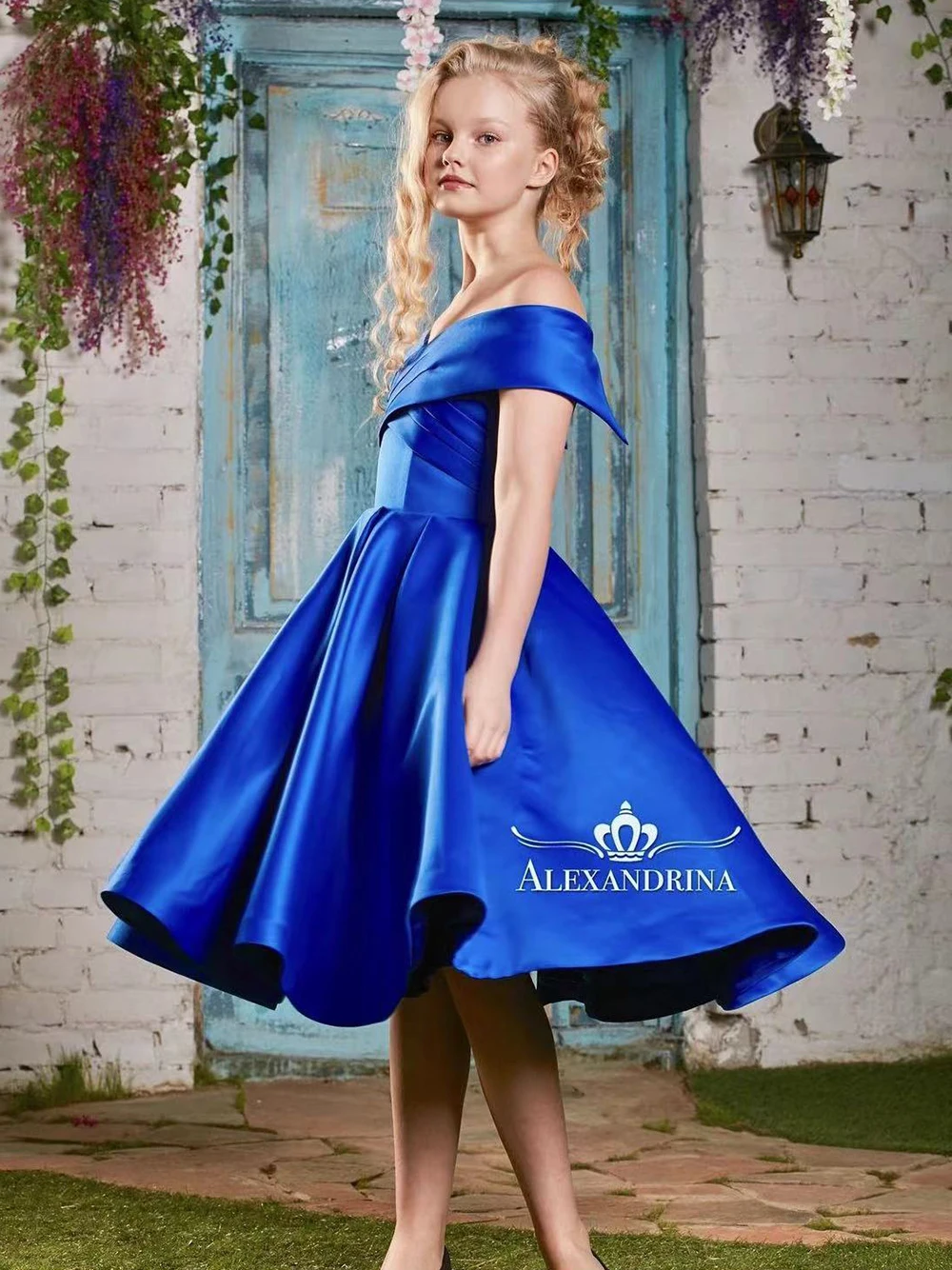 Vestido de satén azul zafiro con hombros descubiertos para niña, vestidos de baile de boda, vestido de primera comunión para actuación de Piano de princesa para niños