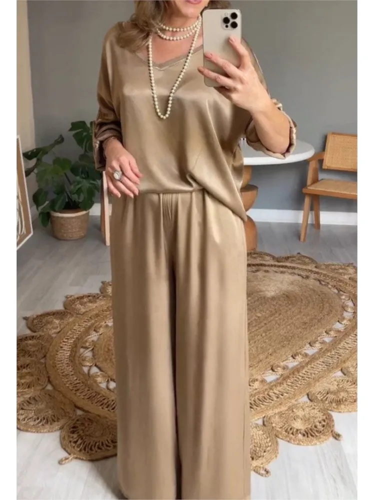 Spring Wide-leg Pants Suit Women\'s Summer V Neck Top Wide Leg Pants Set For Casual Outfits With High Elastic Waist 2 Piece Sport