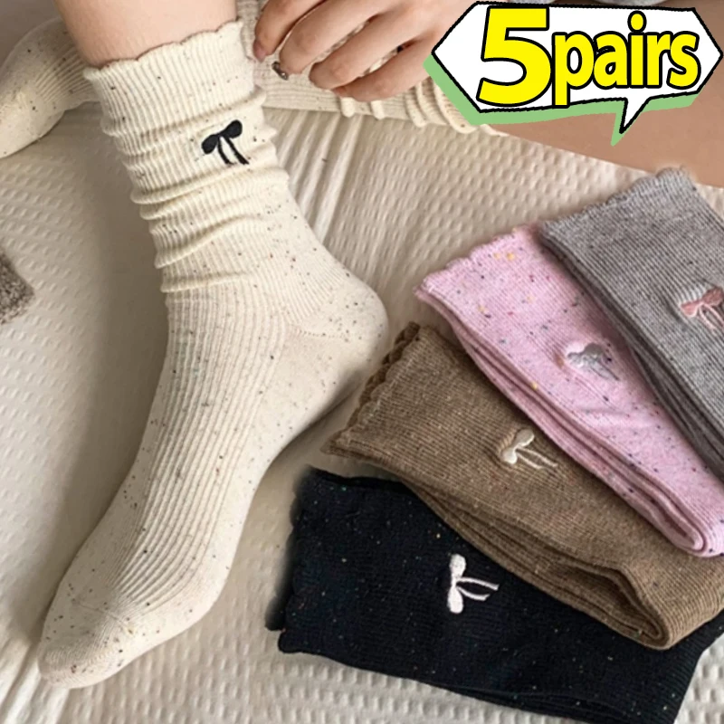 1/5pairs Sweet Bowknot Mid Tube Socks Women Japanese Knitting Breathable Mesh Tube Socks Girls Ballet Back Heel Bow Crew Socks