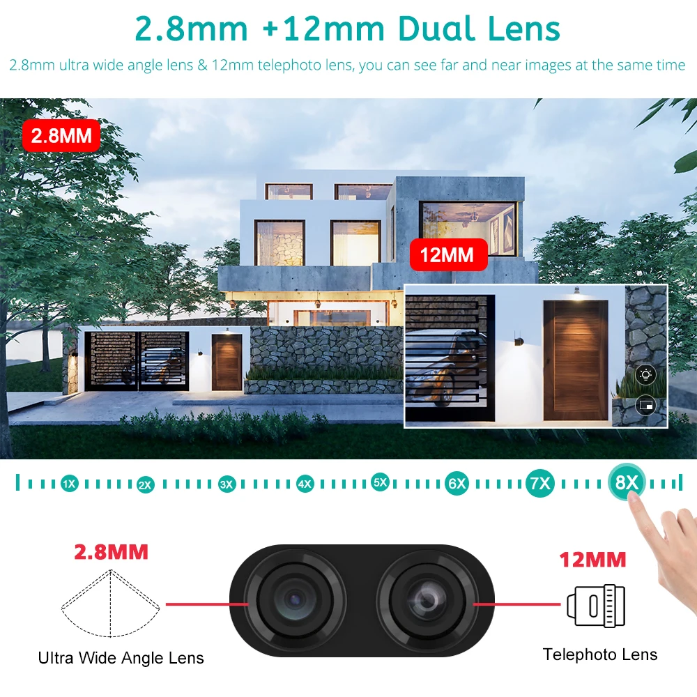 8MP 4K IP Camera External WiFi Security CCTV Camera Dual-Lens Color Night Vision 8X Zoom Surveillance Camera Works with Alexa