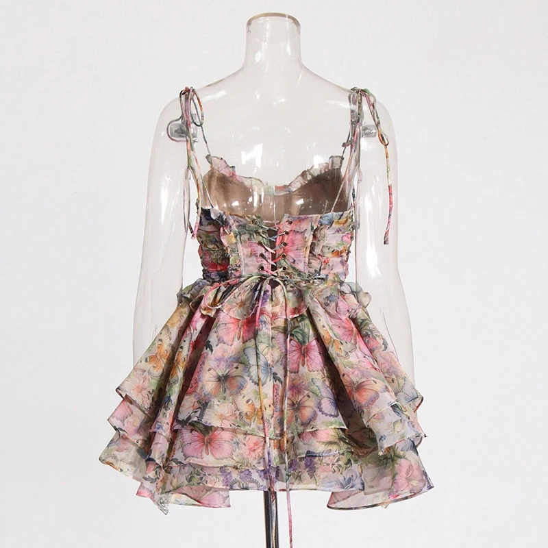 Vestido feminino chique com babados em camadas, estampa floral, sem mangas, renda, cintura alta, linha a, férias, verão, vestidos de festa femininos