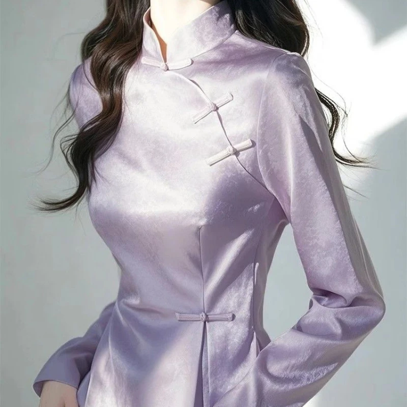 2025 Spring Purple Satin Shirt Women's New Chinese Style Cheongsam Blouse Slanted Collar Frog Buttons Elegant Retro Qipao Top