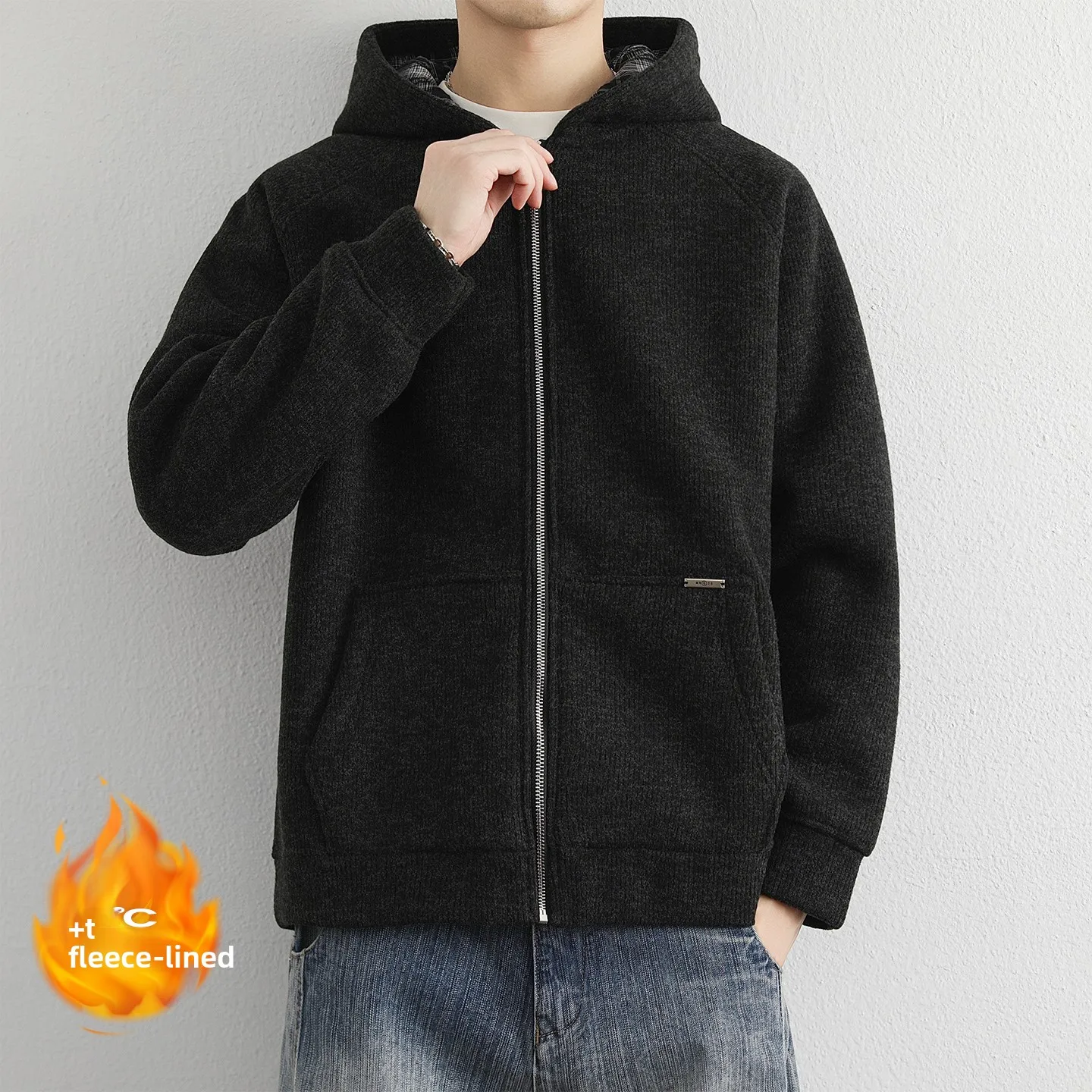 High Quali Fce Lined Thiened Hooded Knitted Cardigan Men's Loose  Color Sweater Coat Autumn Winter Woolen Sweater