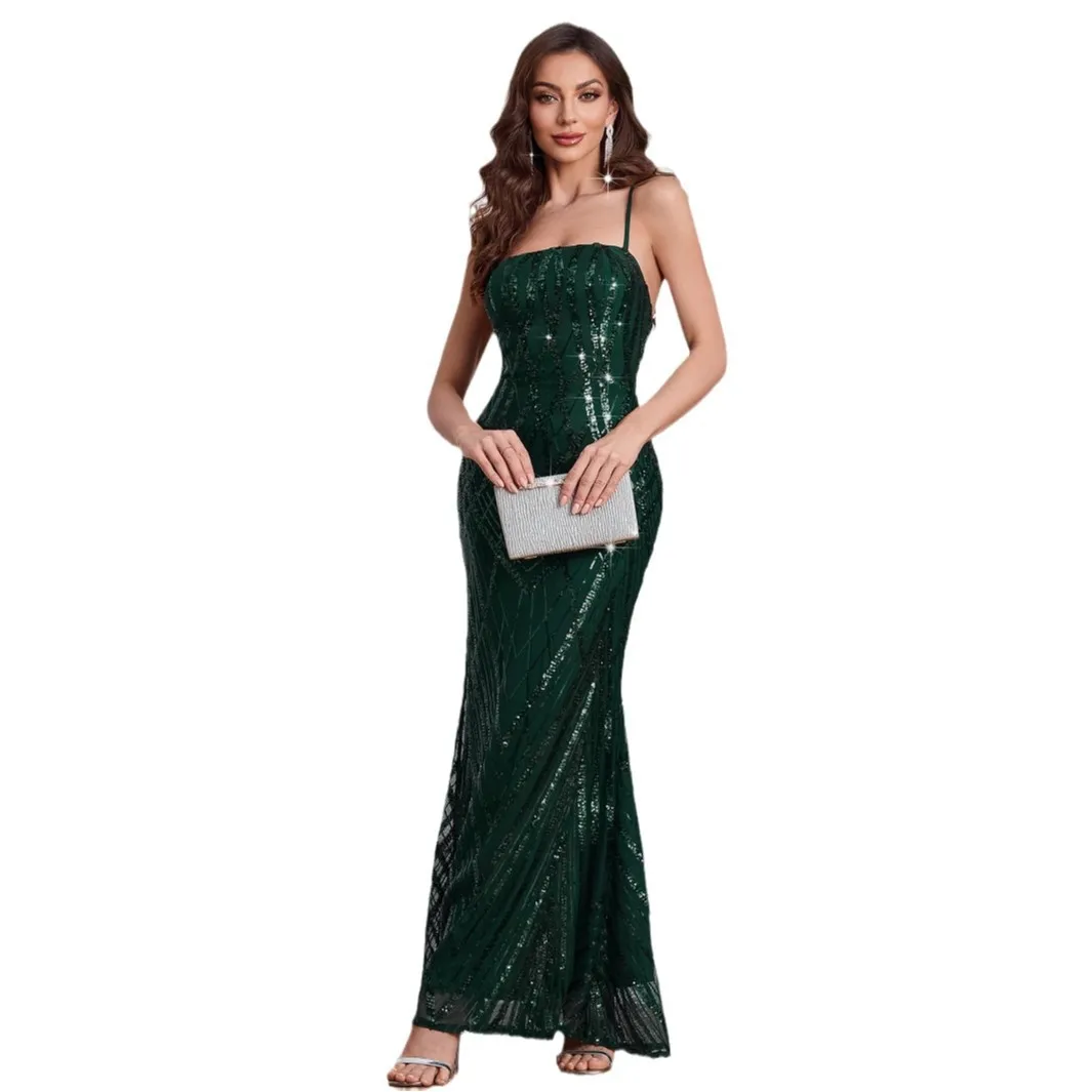 

Sexy Slash Neck Spaghetti Straps Backless Sequined Mermaid Long Formal Evening Dress Green