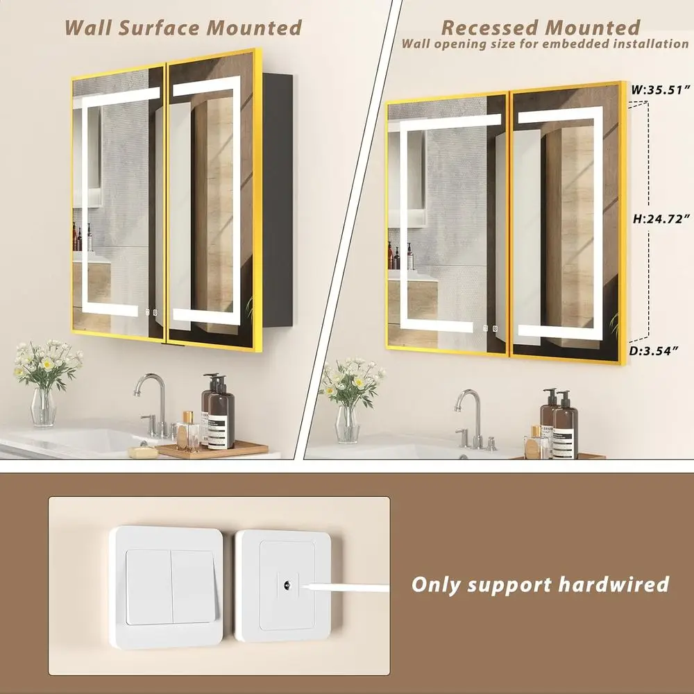 Illuminated 30x36 Gold Medicine Cabinet with Mirror and Shelves