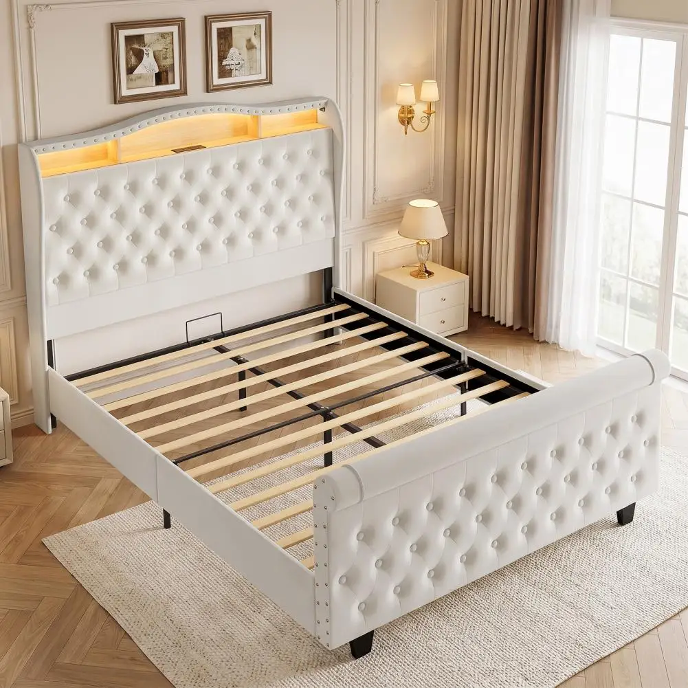 Bedstead, Velvet Upholstered Bed Frame with LED Light, Built-in Charging Station, Storage Space, No Mattress, 220cmx160cmx130cm