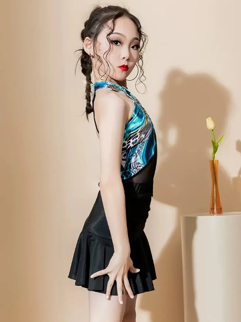 Kinder Meisjes Latin Dans Print Halter Rugloze Grote Rok Zoom Past Bij Kinderen Training Samba Cha Cha Rumba Wedstrijd Kostuums