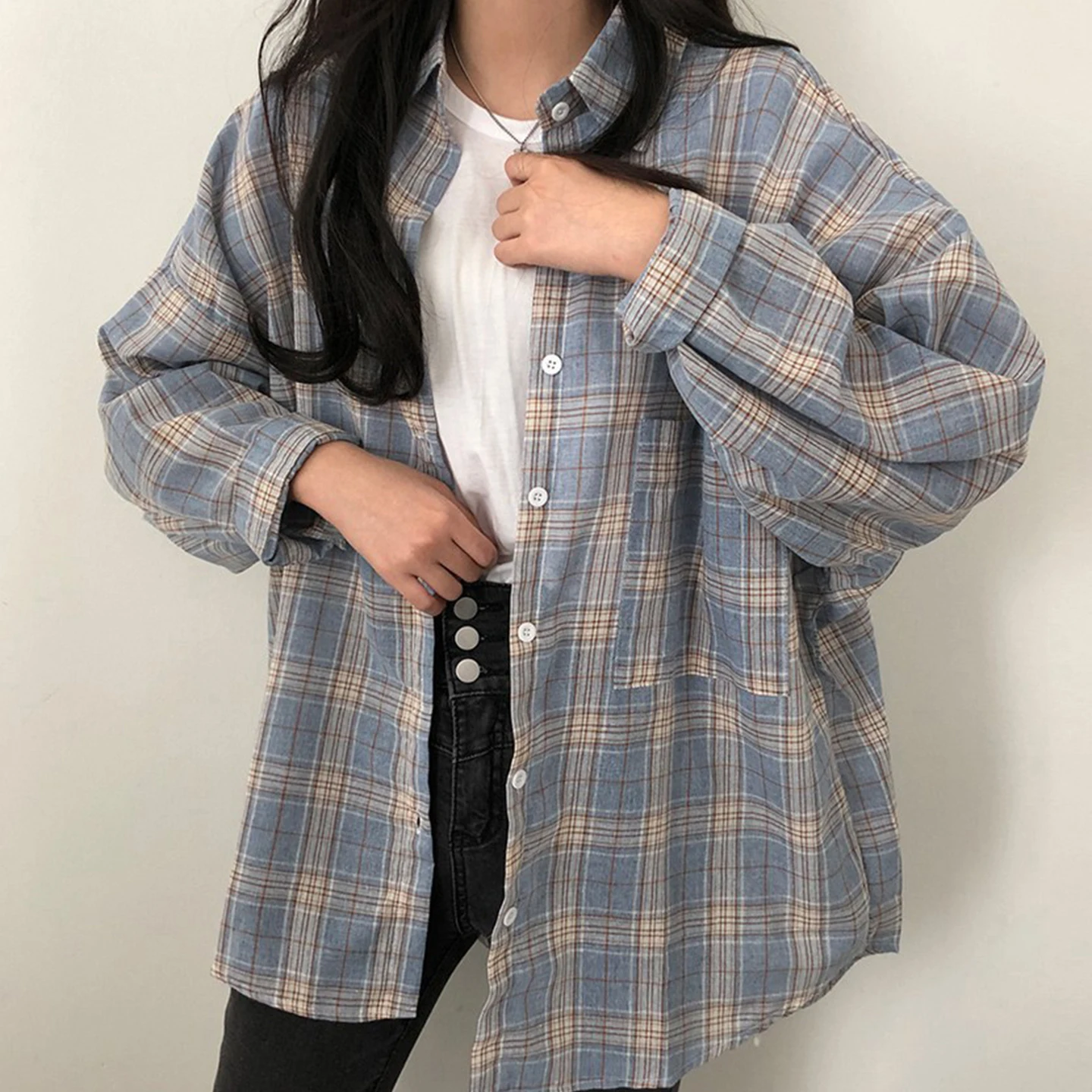 

Ladies' Plaid Long Sve Loose Fit irt Vintage Early Spring Commute Sle Polyester Fiber Resistant to Deformation